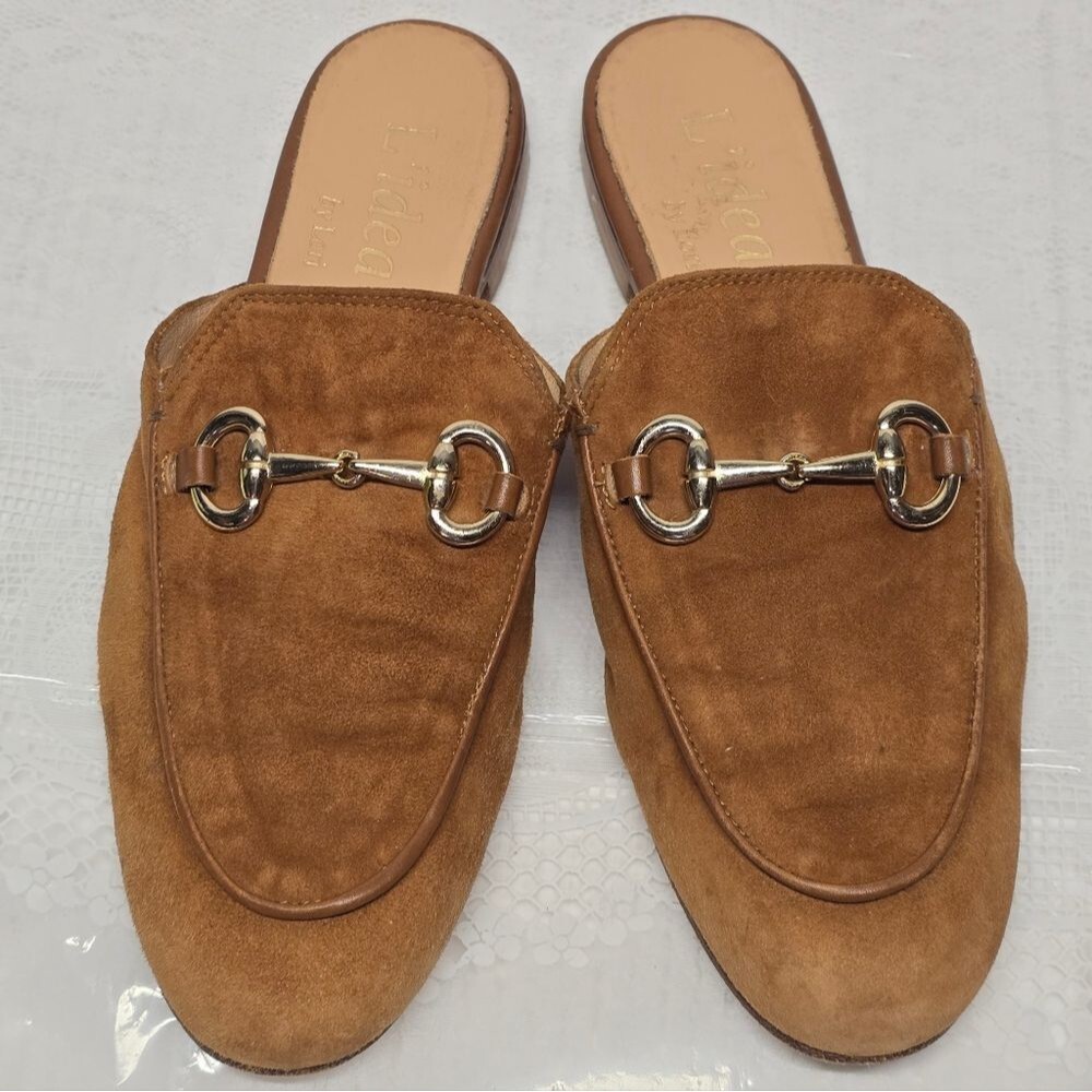 L'IDEA BY LORI Almond Genuine Suede Classic Mule With Bit Horsebit Size US 8
